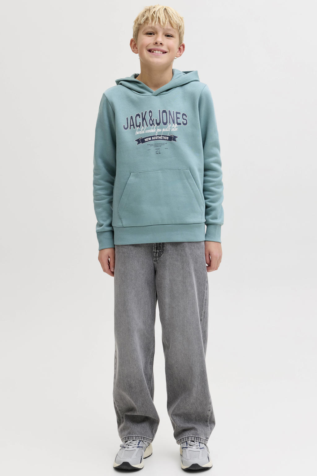 Lichtgroene jongens JACK & JONES JUNIOR hoodie van katoen met logo dessin, lange mouwen en capuchon