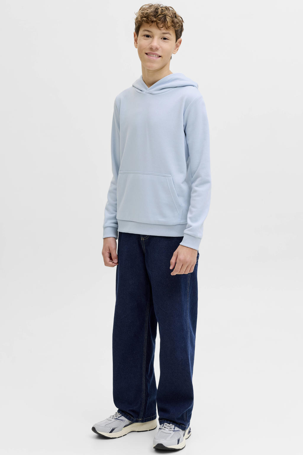 Lichtblauwe jongens JACK & JONES JUNIOR hoodie van polyester met effen, lange mouwen en capuchon