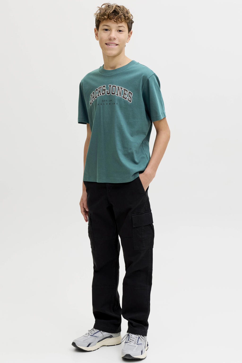 Donkergroene jongens JACK & JONES JUNIOR T-shirt van katoen met logo dessin, korte mouwen en ronde hals
