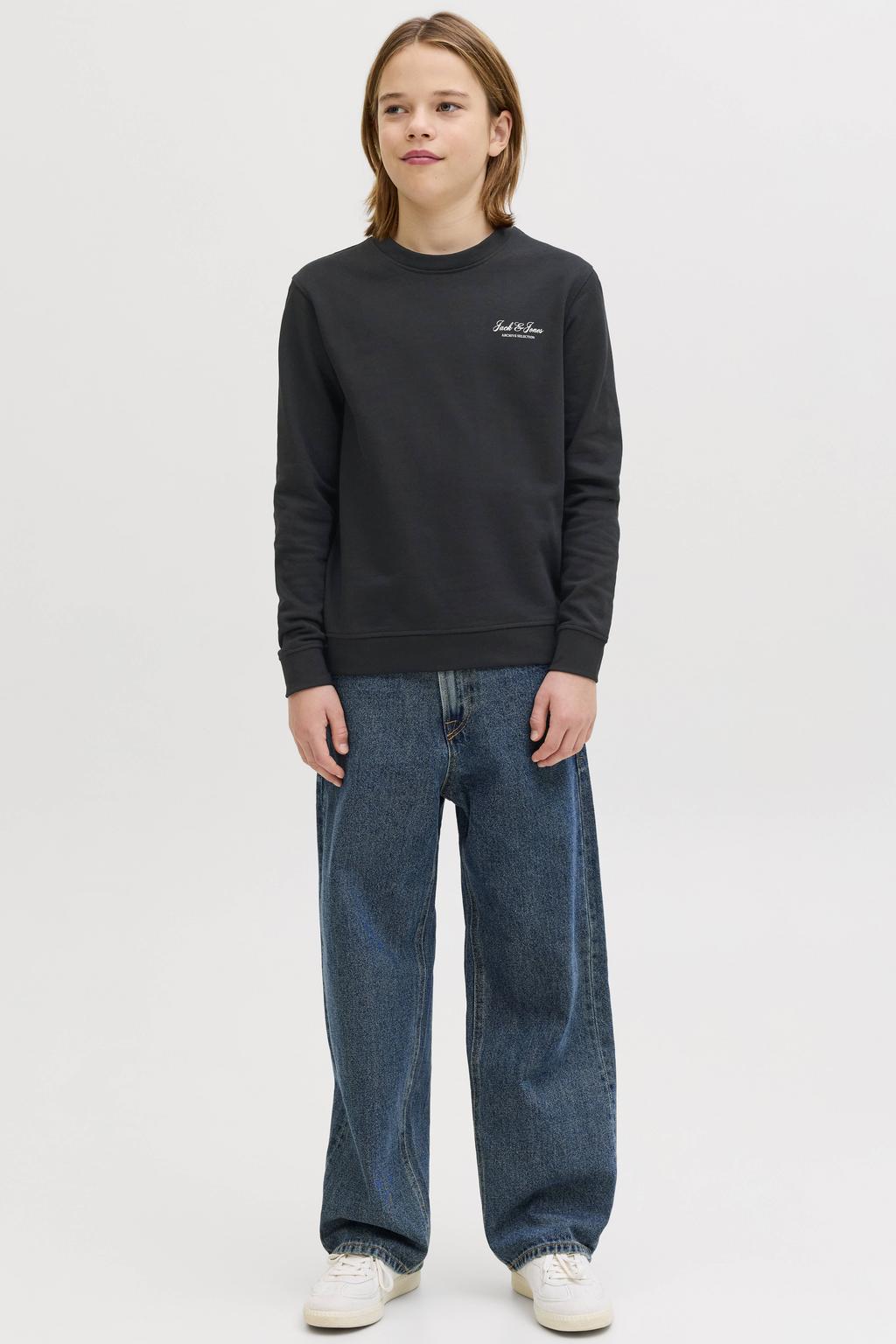 Zwarte jongens JACK & JONES JUNIOR sweater met effen, lange mouwen, ronde hals en geribde boorden