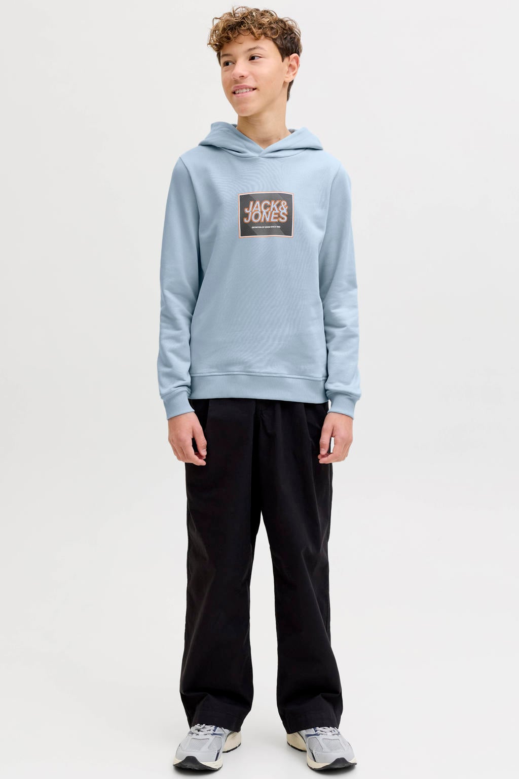 Lichtblauwe jongens JACK & JONES JUNIOR hoodie van katoen met printopdruk, lange mouwen en capuchon