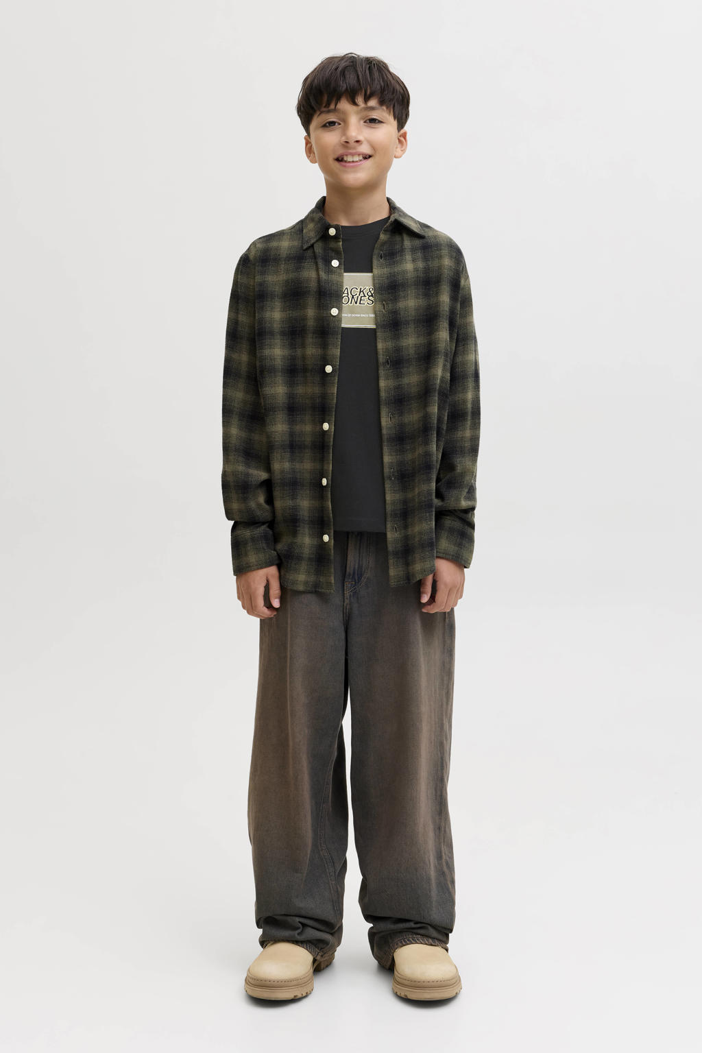 Zwarte jongens JACK & JONES JUNIOR T-shirt van katoen met printopdruk, korte mouwen en ronde hals