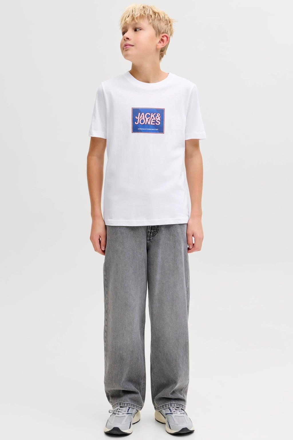 Witte jongens JACK & JONES JUNIOR T-shirt van katoen met printopdruk, korte mouwen en ronde hals