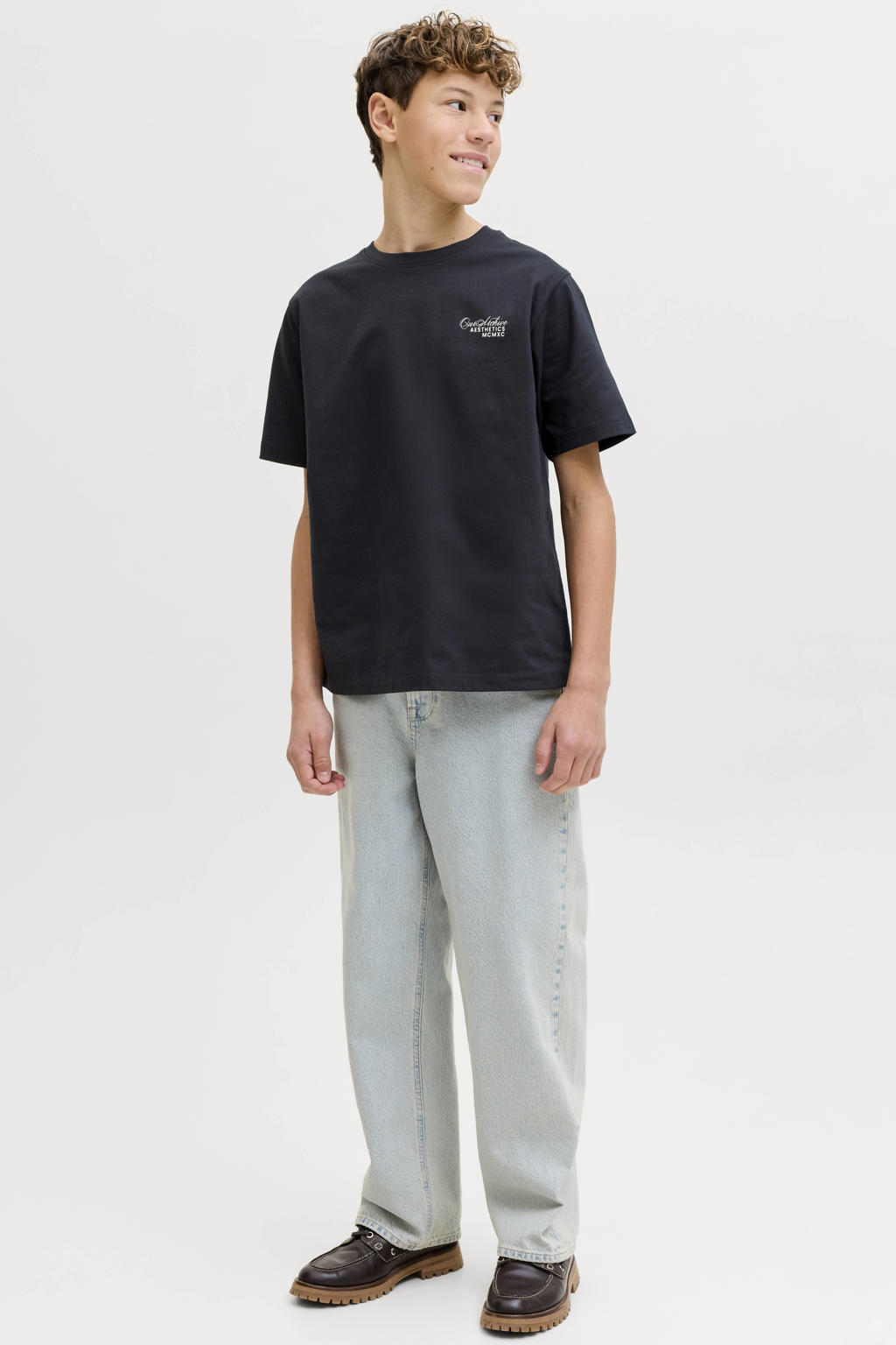 Zwarte jongens JACK & JONES JUNIOR T-shirt van katoen met backprint, korte mouwen en ronde hals