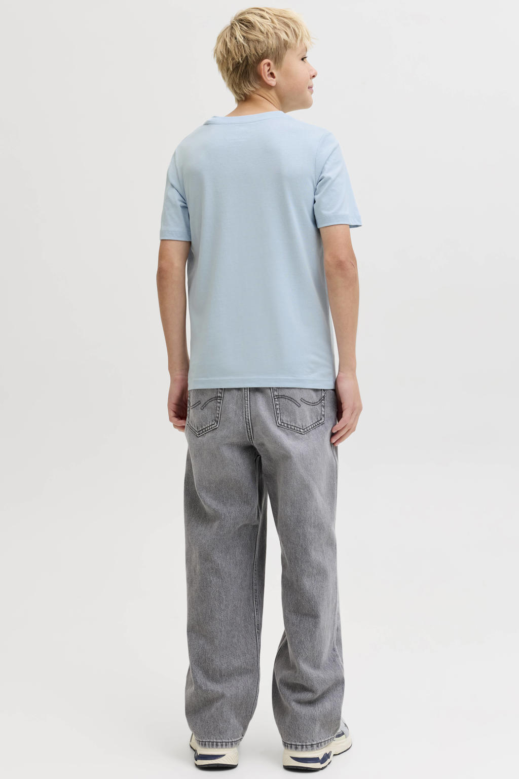 Lichtblauwe jongens JACK & JONES JUNIOR T-shirt van katoen met printopdruk, korte mouwen en ronde hals