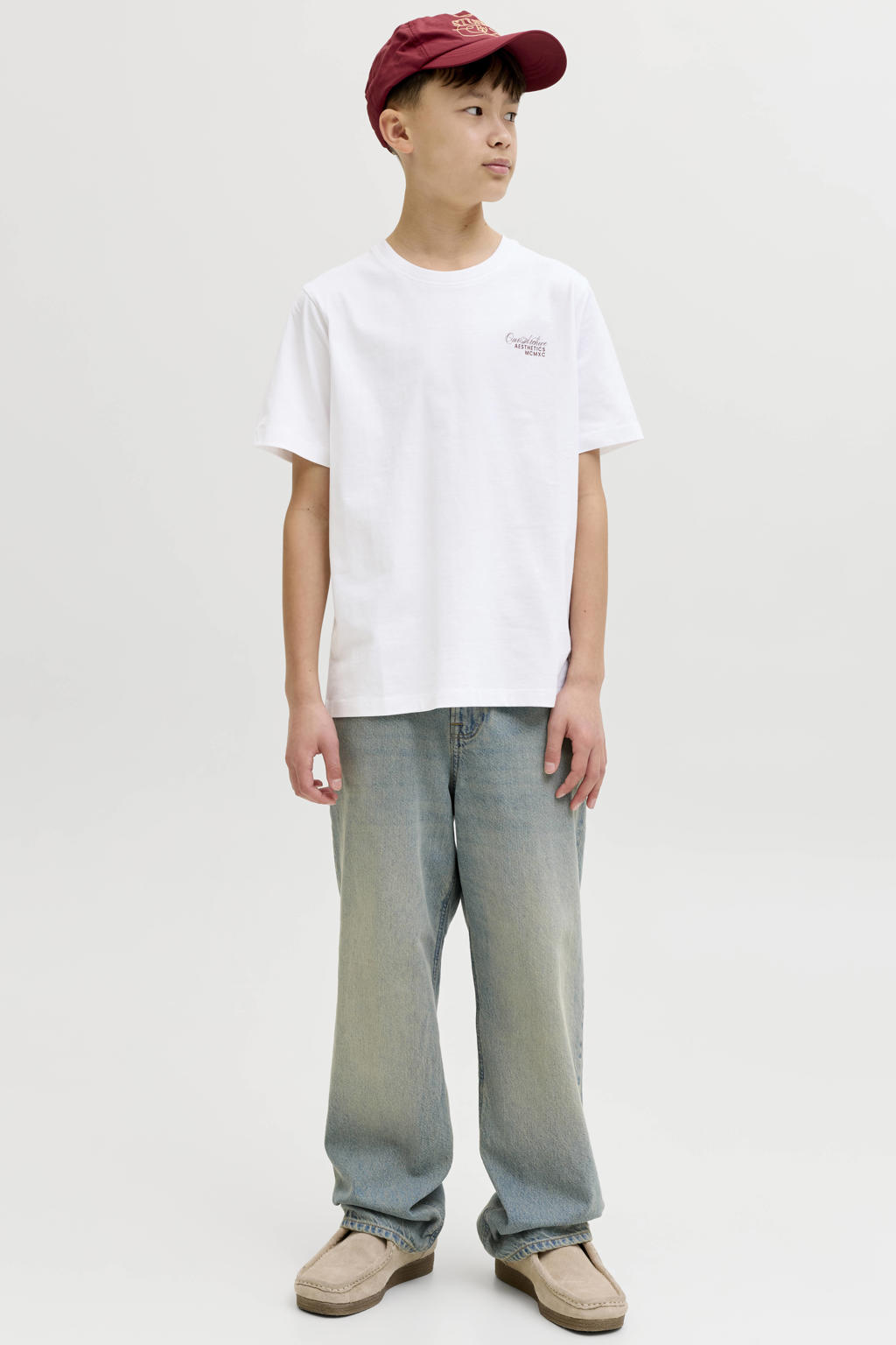 Witte jongens JACK & JONES JUNIOR T-shirt van katoen met backprint, korte mouwen en ronde hals