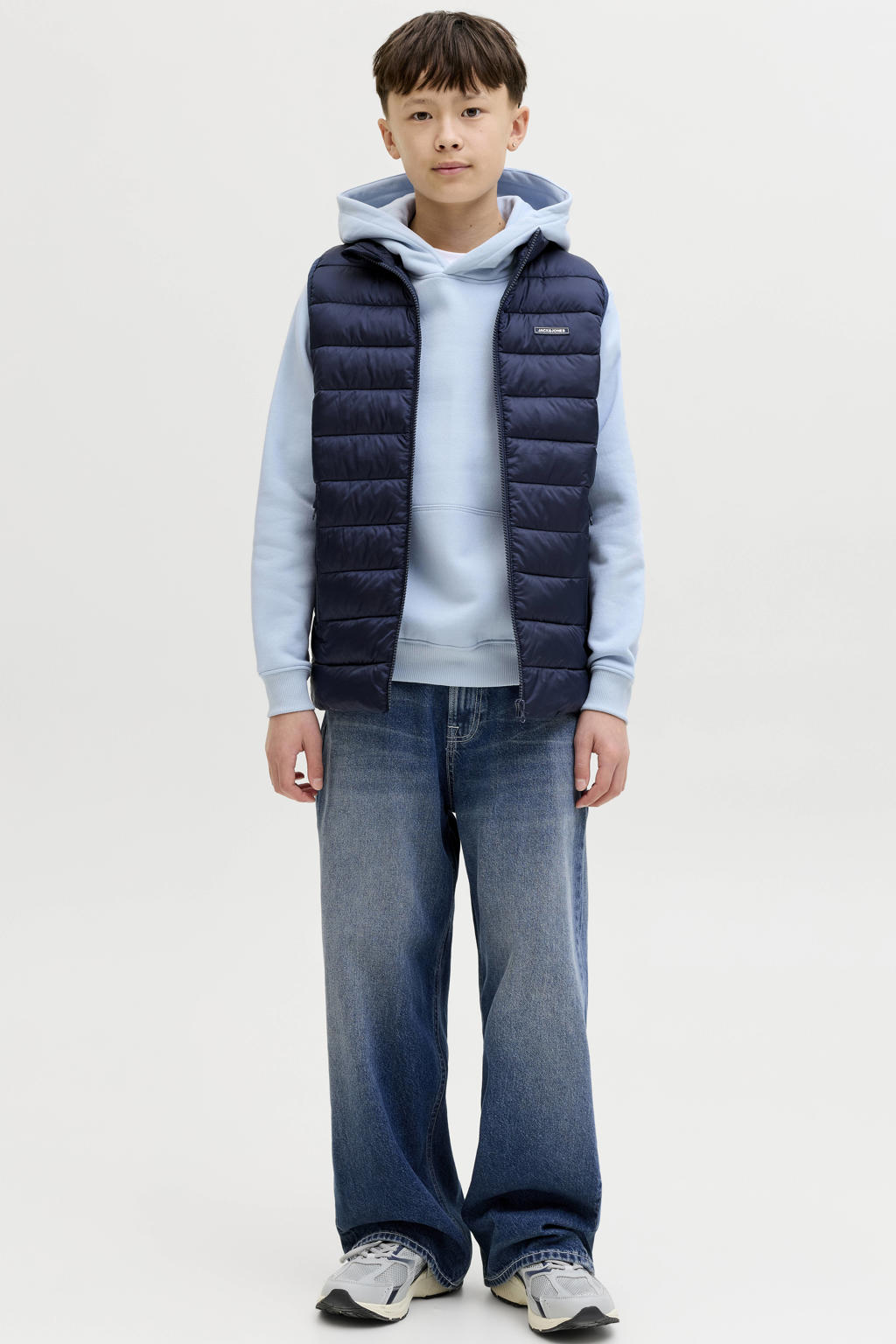 Lichtblauwe jongens JACK & JONES JUNIOR hoodie van katoen met effen, lange mouwen en capuchon