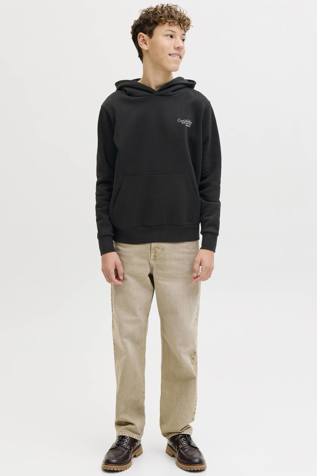 Zwarte jongens JACK & JONES JUNIOR hoodie van katoen met backprint, lange mouwen en capuchon