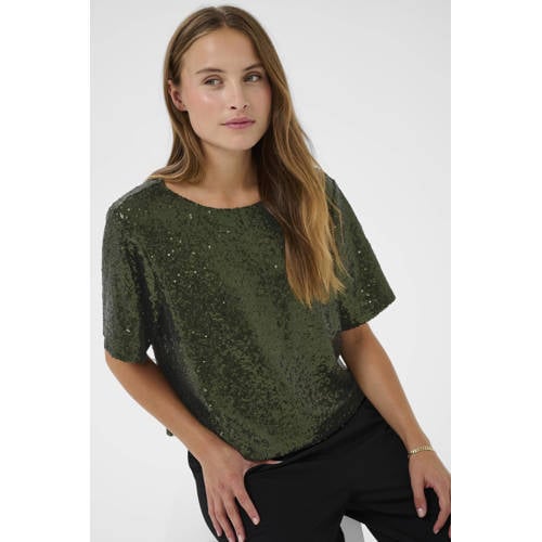 Kaffe glitter top groen met pailletten afbeelding