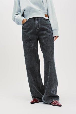 low waist wide leg jeans grey denim met glitter