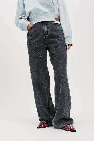 low waist wide leg jeans grey denim met glitter