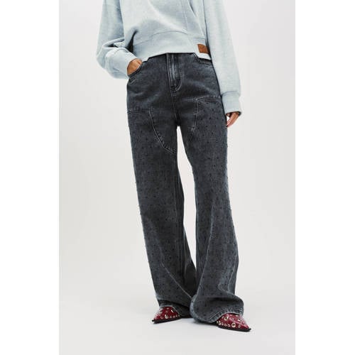 Refined Department low waist wide leg jeans grey denim met glitter afbeelding