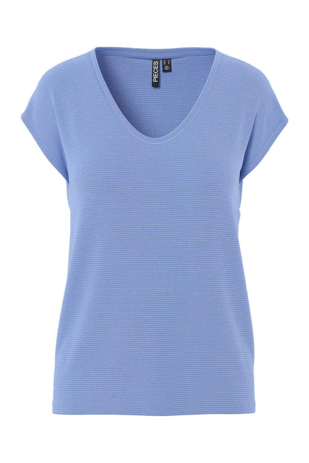 Blauwe dames PIECES Curve T-shirt van viscose met effen, korte mouwen, V-hals en lurex