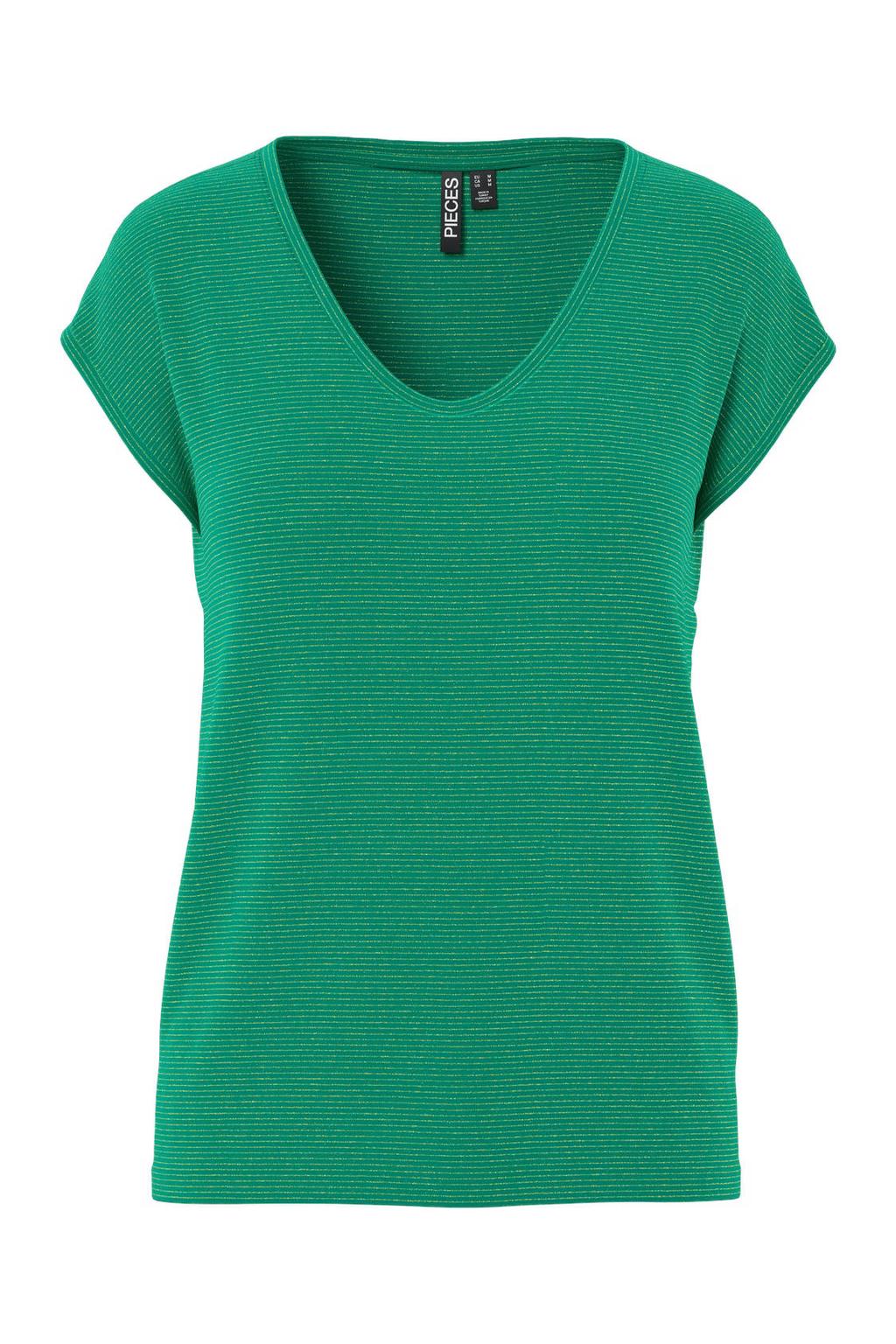 Groene dames PIECES Curve T-shirt van viscose met effen, korte mouwen, V-hals en lurex