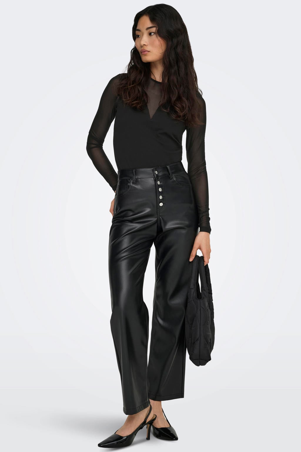 Zwarte dames ONLY mesh top met effen, lange mouwen en ronde hals