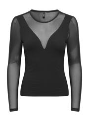 thumbnail: Zwarte dames ONLY mesh top met effen, lange mouwen en ronde hals