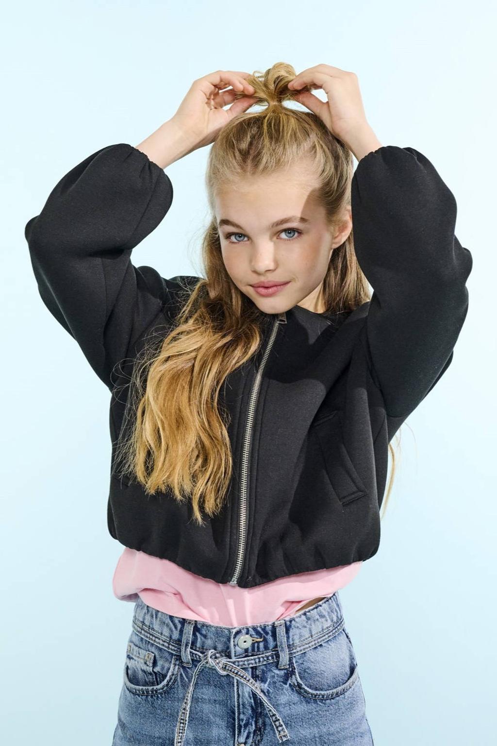 Zwarte meisjes KIDS ONLY GIRL jack lente van polyester met effen, lange mouwen, ronde hals en ritssluiting
