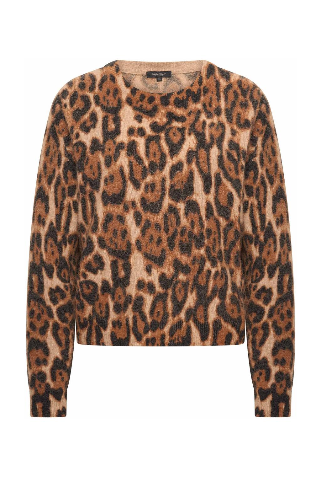 Bruin, beige en zwarte dames Claudia Sträter pullover gebreid van wol met dierenprint, lange mouwen en ronde hals