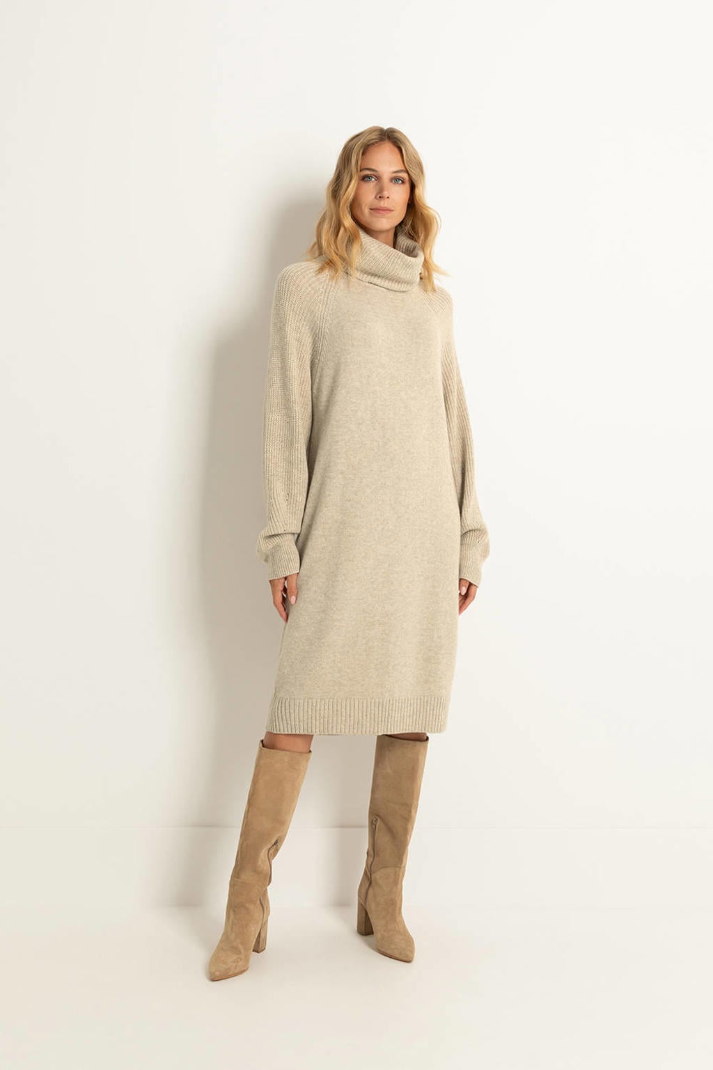 Beige dames Claudia Sträter jurk gebreid van polyester met effen, lange mouwen en col
