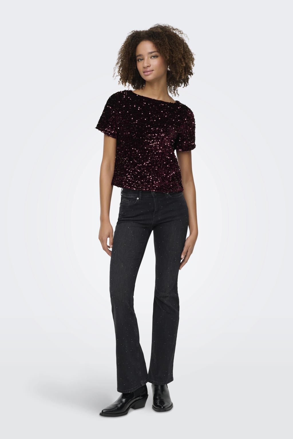 Donkerrode dames ONLY top van polyester met effen, korte mouwen, ronde hals en pailletten