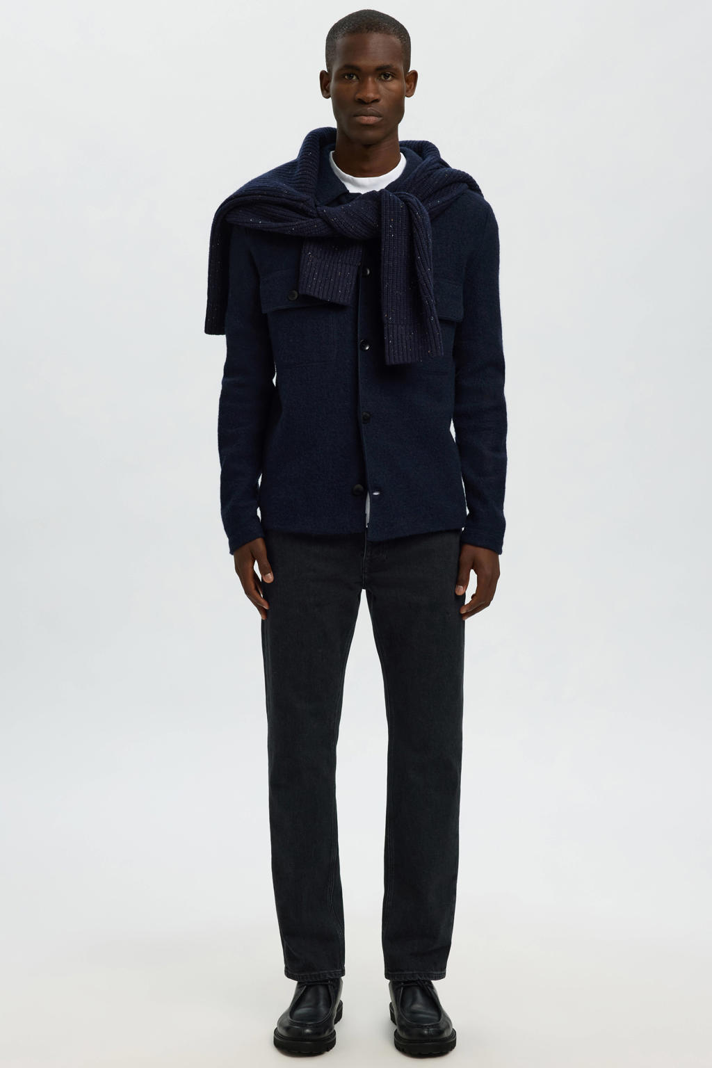 Donkerblauwe heren SELECTED HOMME wollen overshirt met effen, lange mouwen, klassieke kraag, knoopsluiting en gebreide details