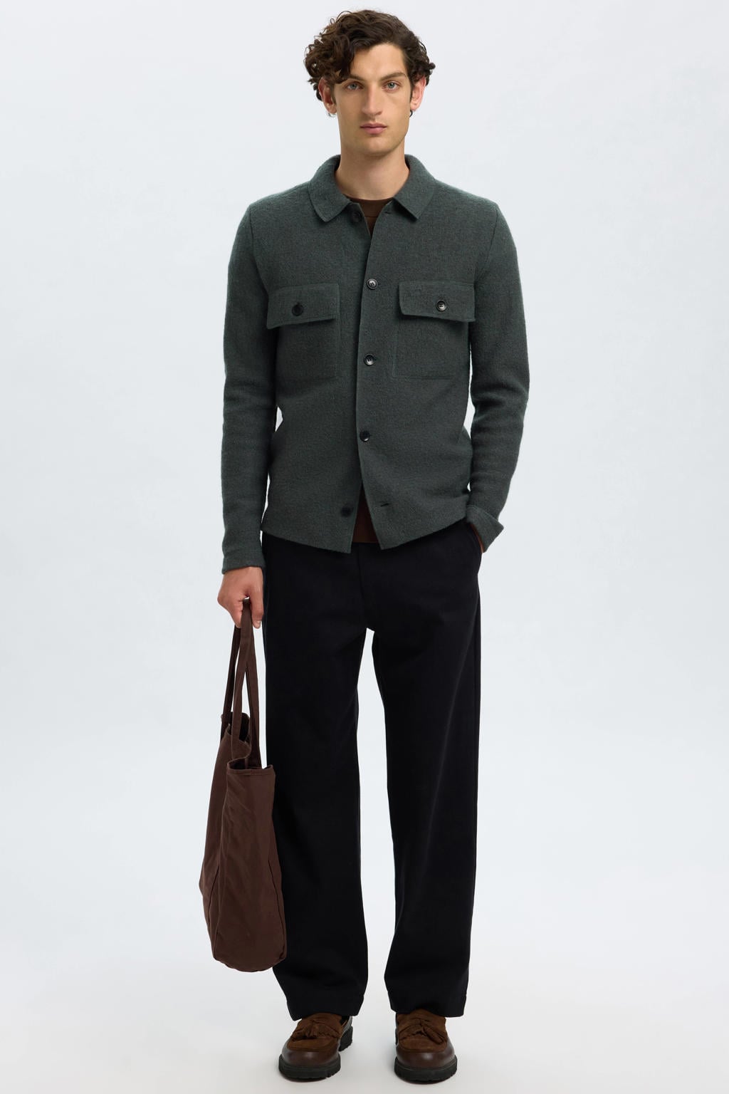 Donkergroene heren Selected wollen overshirt met effen, lange mouwen, klassieke kraag, knoopsluiting en gebreide details