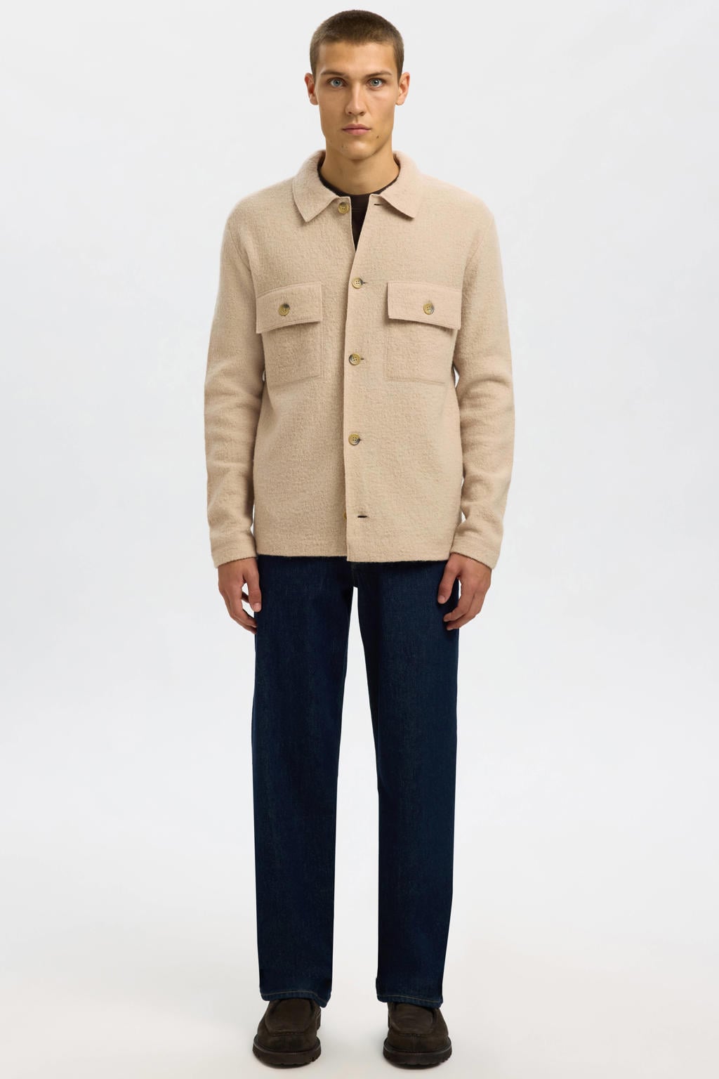Beige heren Selected wollen overshirt met effen, lange mouwen, klassieke kraag, knoopsluiting en gebreide details