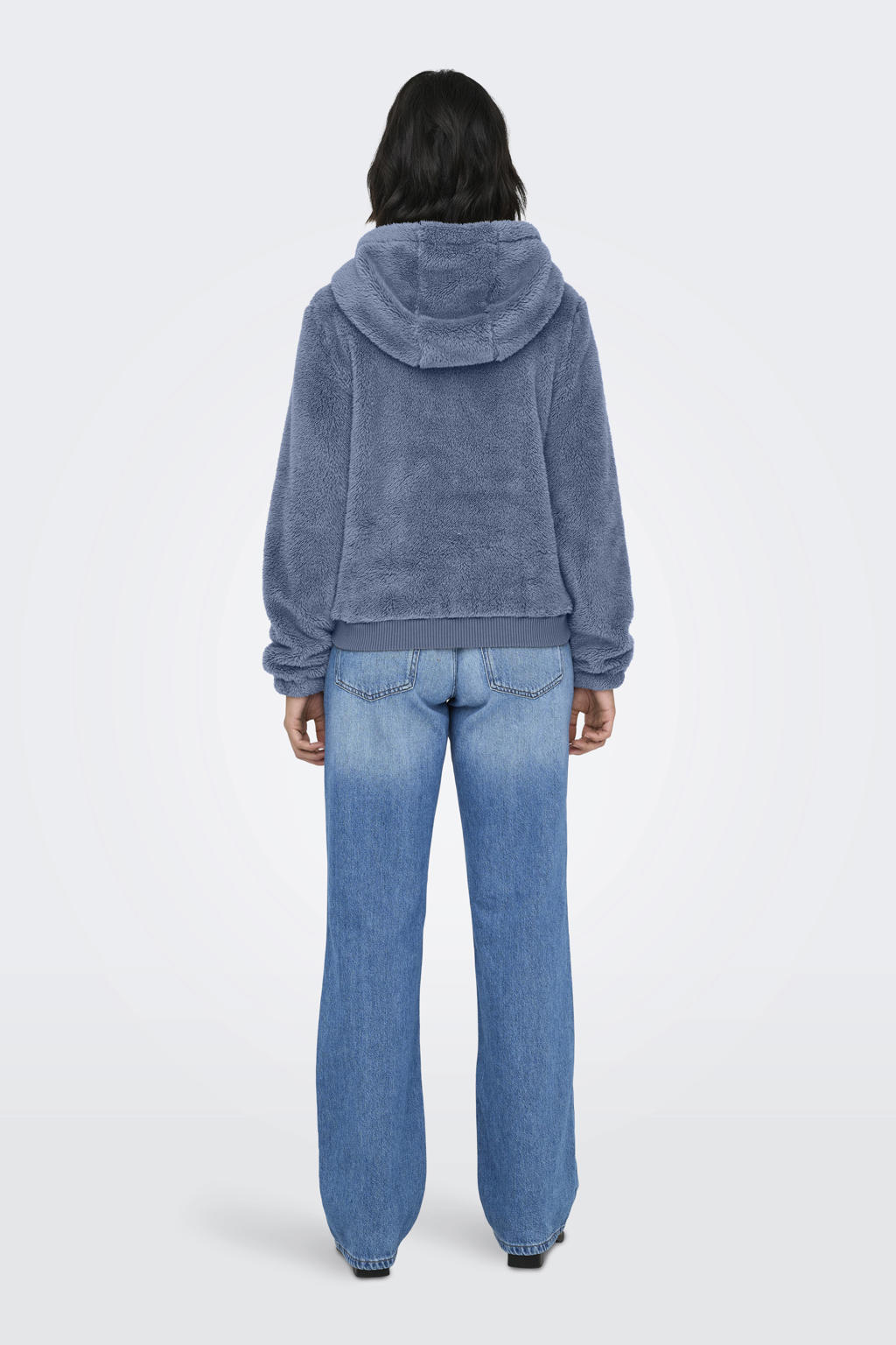 Grijsblauwe dames ONLY teddy jas blauw van polyester met effen, lange mouwen, capuchon en ritssluiting