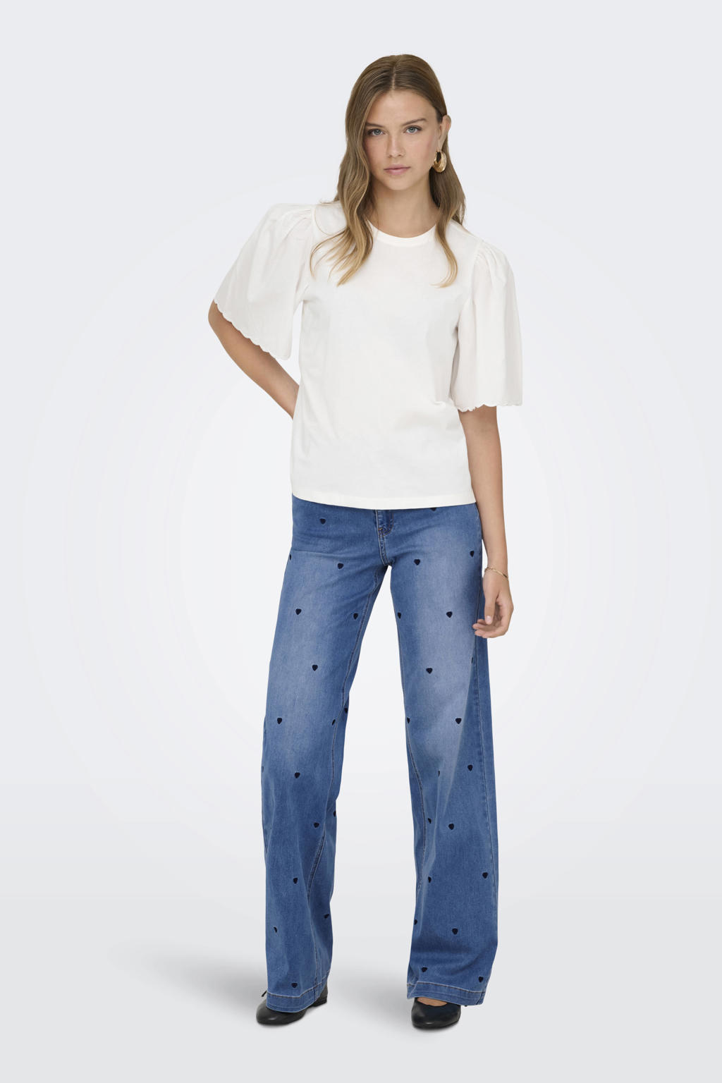 Medium blue denim dames ONLY high waist wide leg jeans van denim met rits- en knoopsluiting en effen