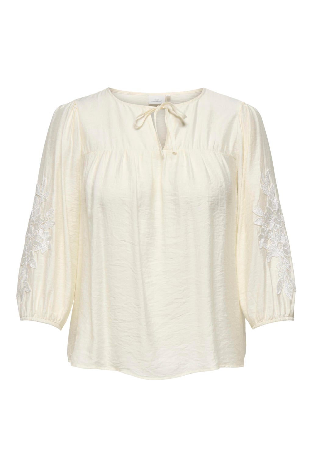 Ecru dames ONLY CARMAKOMA top van modal met effen, lange mouwen, ronde hals, trekkoorden en borduursels