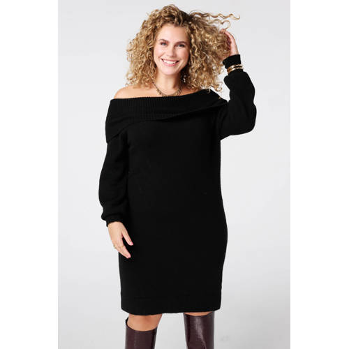 MS Mode off shoulder jurk rib gebreid zwart afbeelding
