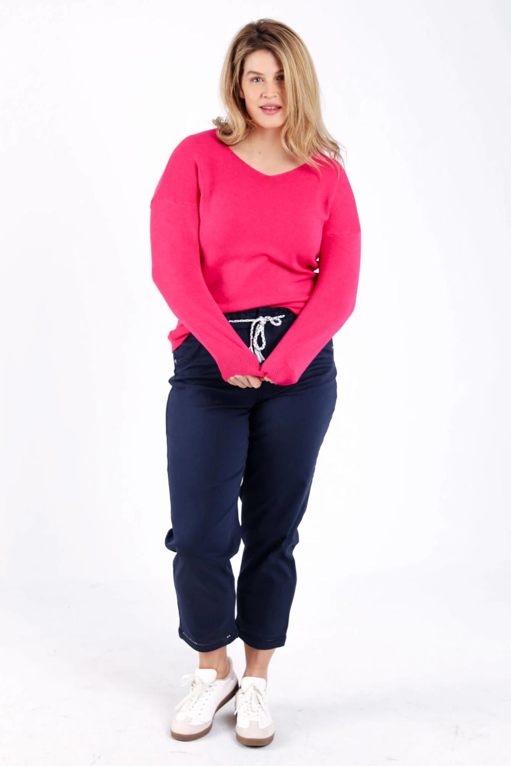 Marineblauw dames Paprika slim regular waist broek blauw van katoen met elastische tailleband met koord en effen