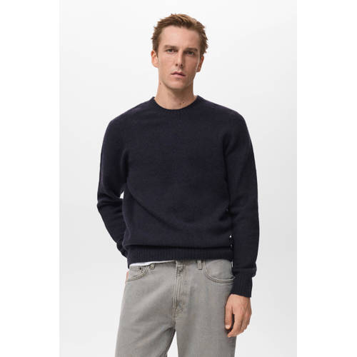 Mango Man trui met wol fijn gebreid donkerblauw afbeelding