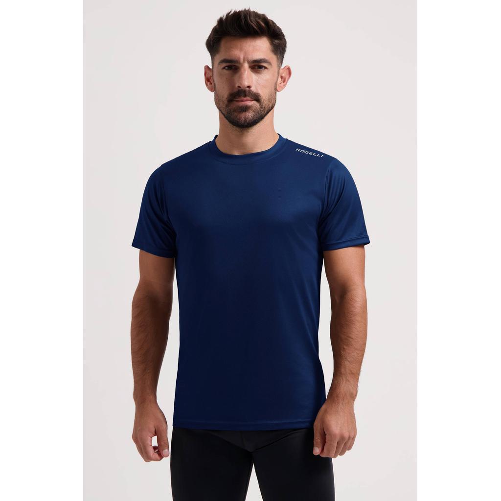 Donkerblauwe heren Rogelli hardloopshirt van polyester met korte mouwen en ronde hals