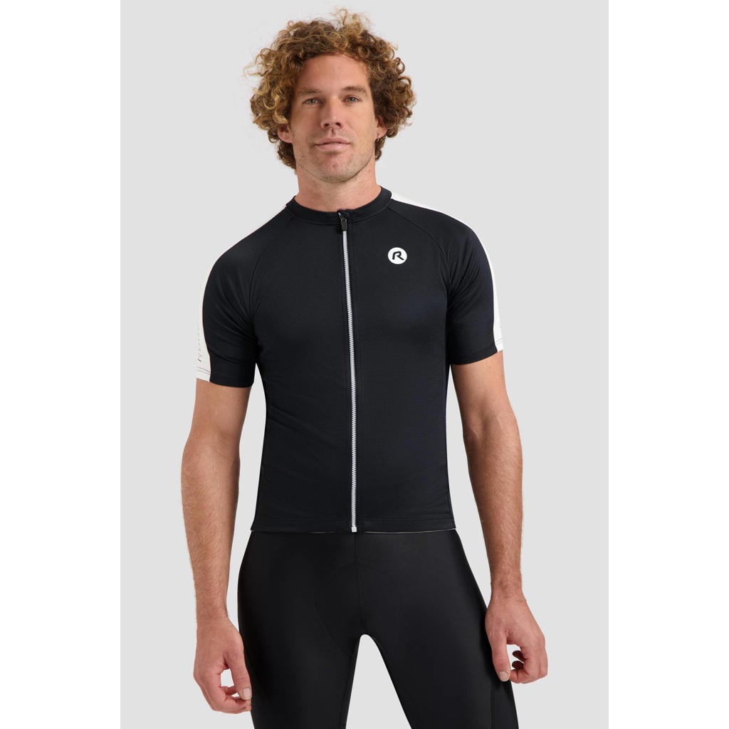 Zwarte heren Rogelli fietsshirt Explore van polyester met meerkleurige print, korte mouwen, opstaande kraag en ritssluiting