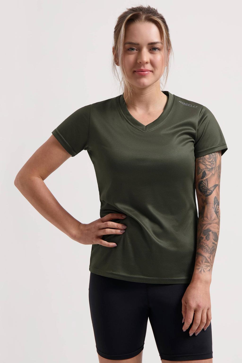 Donkergroene dames Rogelli hardloopshirt van polyester met korte mouwen en V-hals