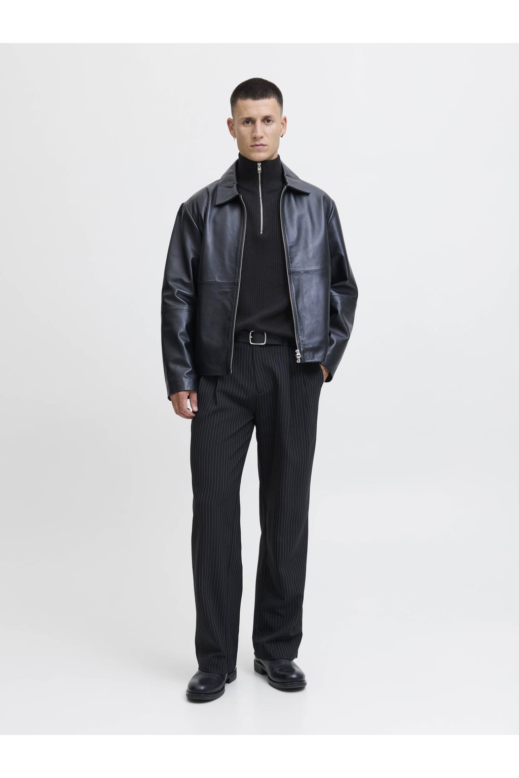 Zwarte heren JACK & JONES trui rib gebreid van acryl met effen, lange mouwen en opstaande kraag