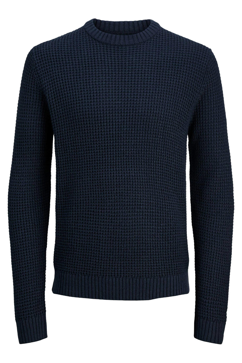 Donkerblauwe heren JACK & JONES trui grof gebreid van acryl met melée print en lange mouwen