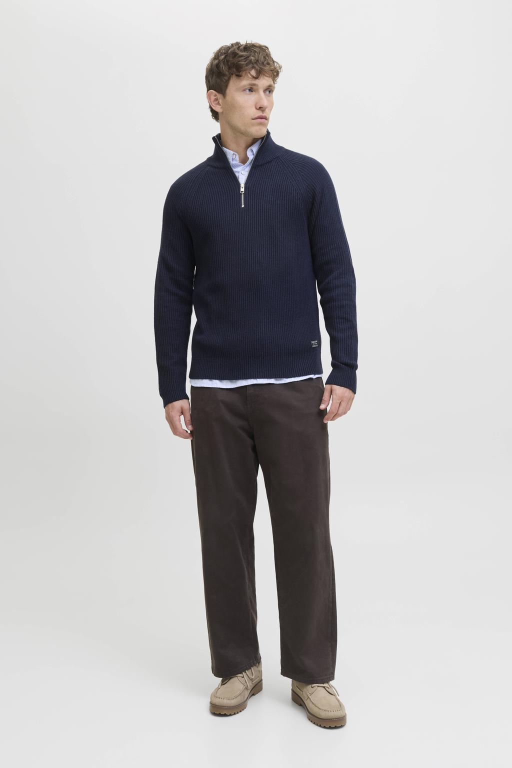 Blauwe heren JACK & JONES trui rib gebreid van acryl met effen, lange mouwen en opstaande kraag