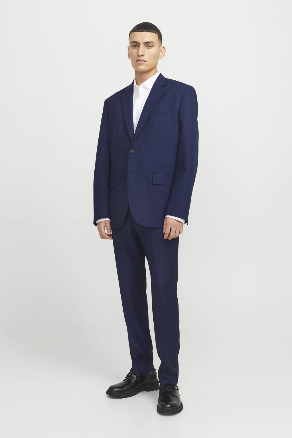 Donkerblauwe heren JACK & JONES PREMIUM colbert met effen, reverskraag en knoopsluiting