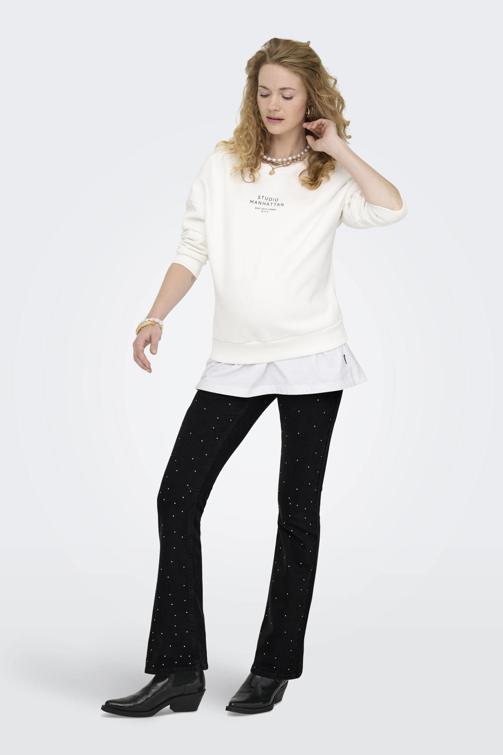 Black denim dames ONLY MATERNITY high waist zwangerschaps flared jeans black van stretchdenim met rits- en knoopsluiting en effen