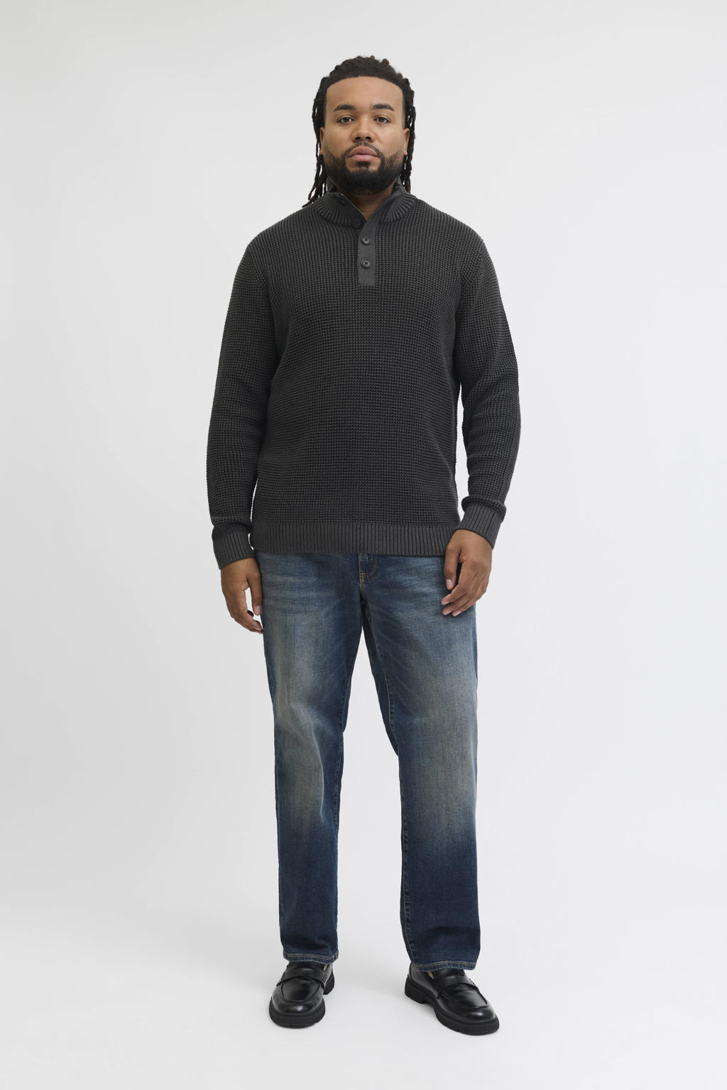 Antraciete heren JACK & JONES PLUS SIZE trui grof gebreid Plus Size van acryl met effen, lange mouwen, opstaande kraag en knoopsluiting