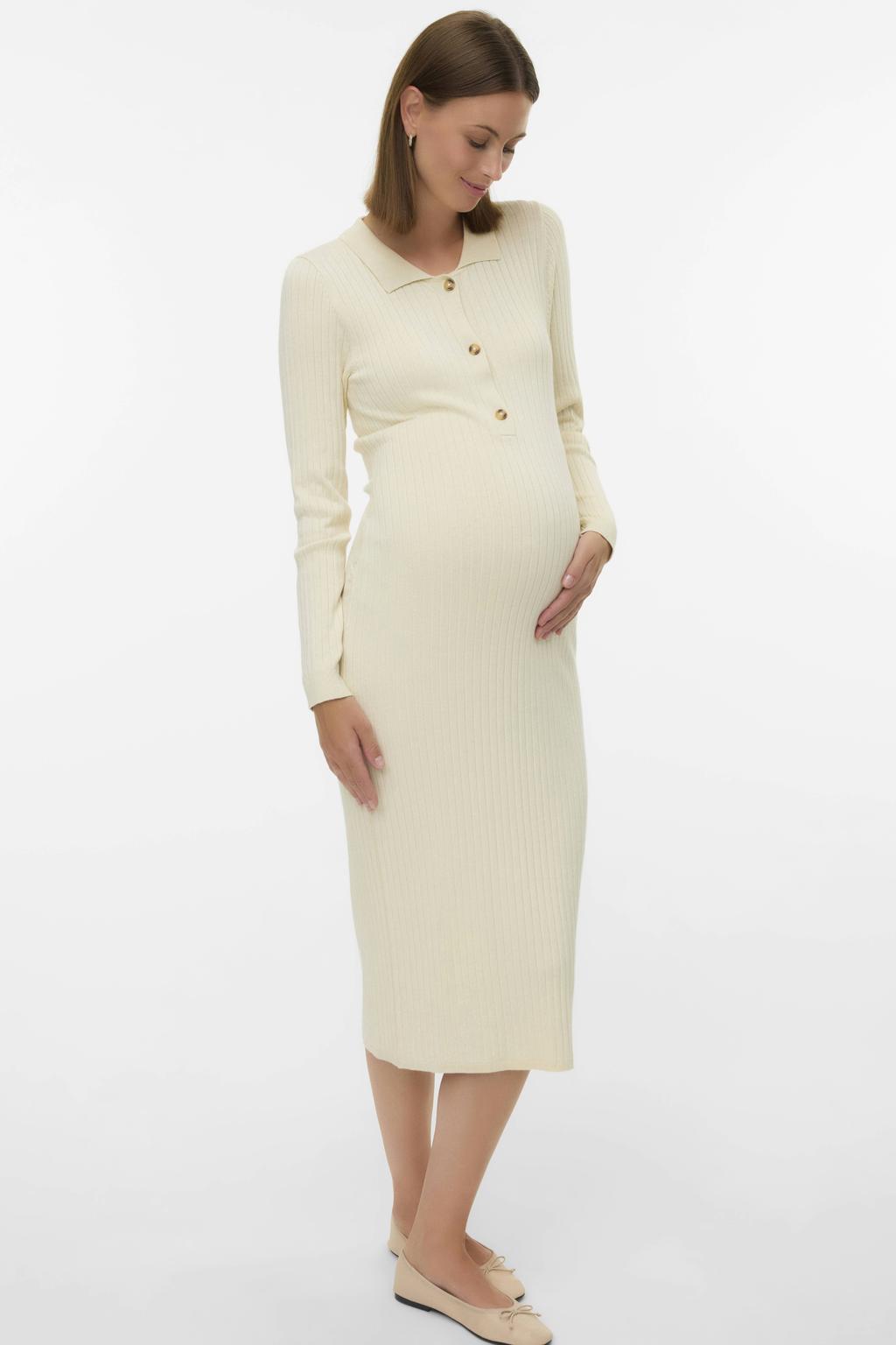 MAMALICIOUS zwangerschaps midi jurk rib gebreid ecru