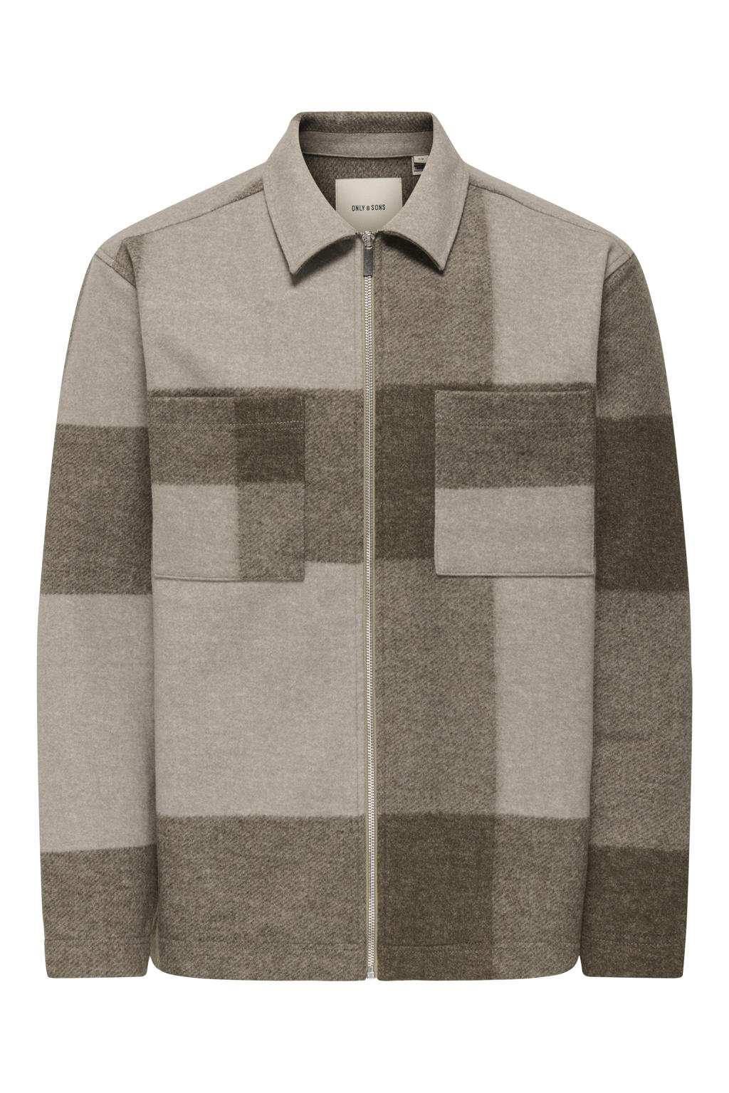 Beige heren ONLY & SONS geruit overshirt van polyester met lange mouwen, klassieke kraag en geweven detail