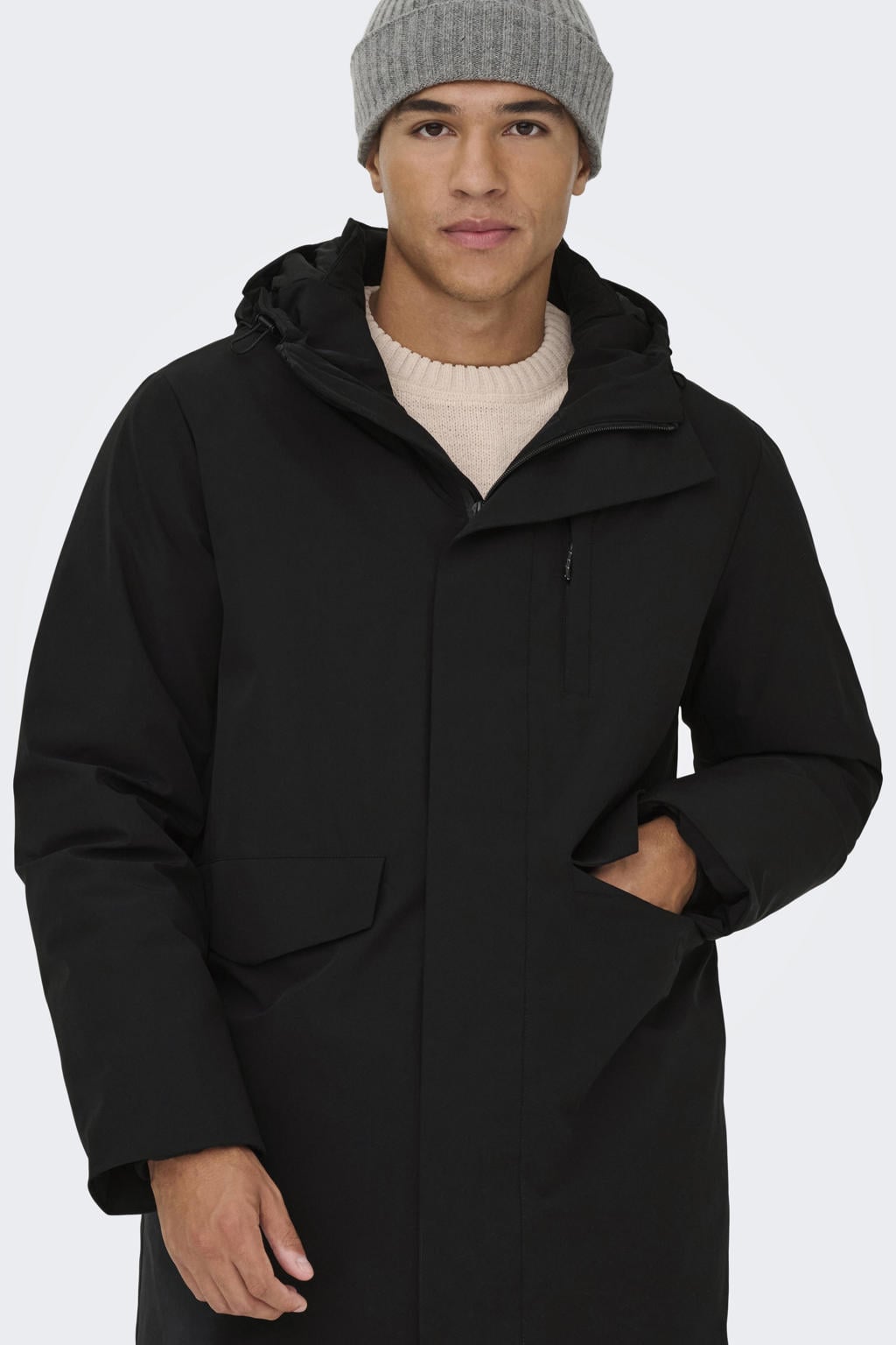 Zwarte heren ONLY & SONS parka van nylon met effen, lange mouwen, capuchon en 2-way rits