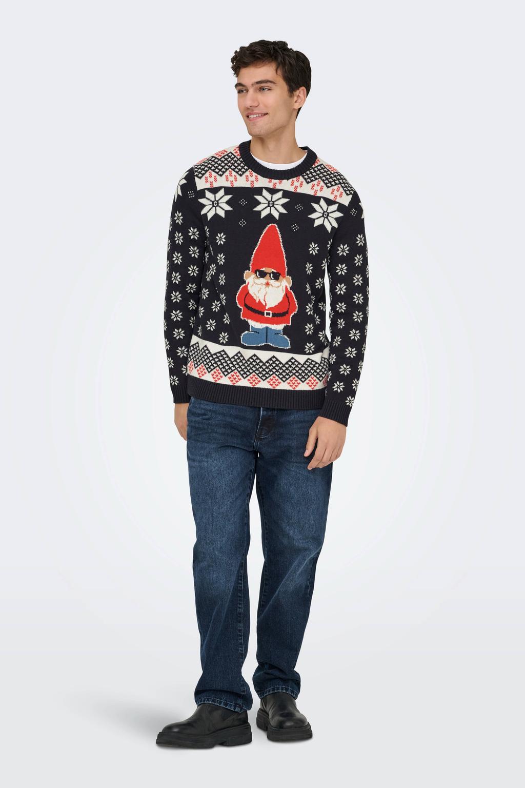 Donkerblauwe heren ONLY & SONS kersttrui gebreid van katoen met lange mouwen en ronde hals