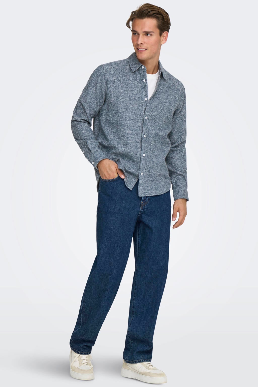 Blauwe heren ONLY & SONS van katoen met melée print, lange mouwen, klassieke kraag en knoopsluiting