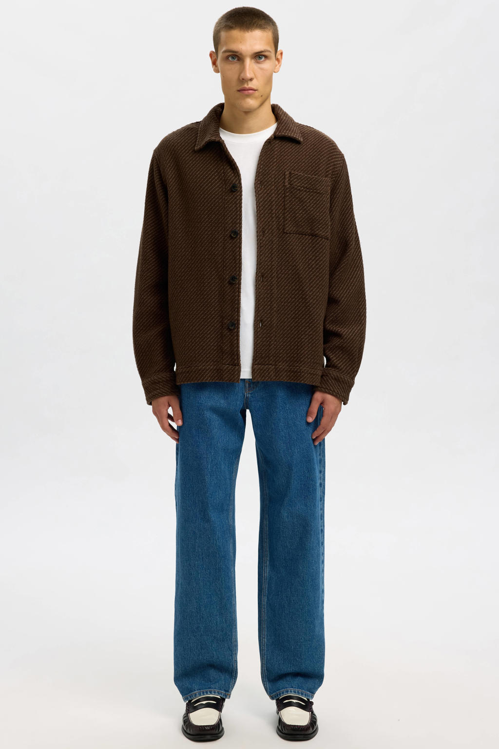 Bruine heren Selected overshirt van katoen met effen, lange mouwen, klassieke kraag, knoopsluiting en textuur