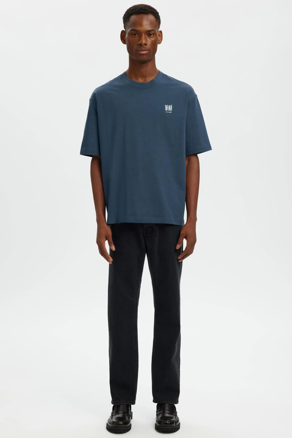 Blauwe heren SELECTED HOMME regular T-shirt van katoen met backprint, korte mouwen en ronde hals