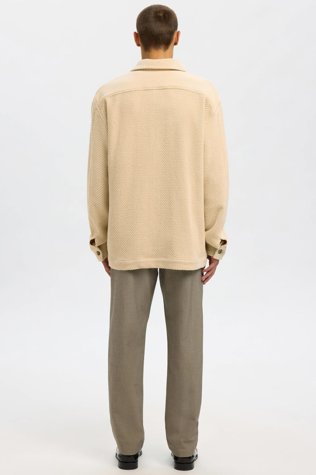 Beige heren Selected overshirt van katoen met effen, lange mouwen, klassieke kraag, knoopsluiting en textuur